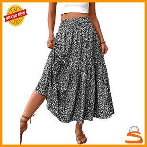 Smocked High Waist Maxi Skirt with Pockets, Floral Print, Wrinkle-Resistant